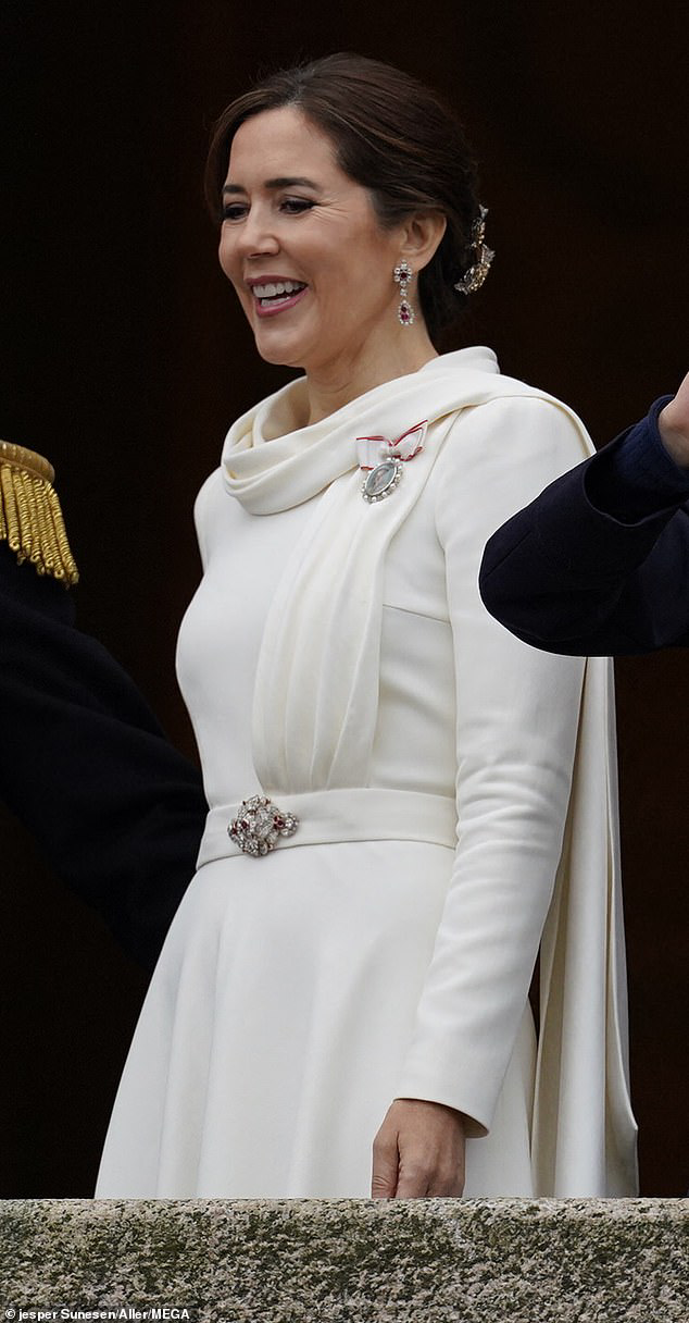 Queen Mary’s white dress, her first outfit as The Queen Denmark, 14 Jan 2024
