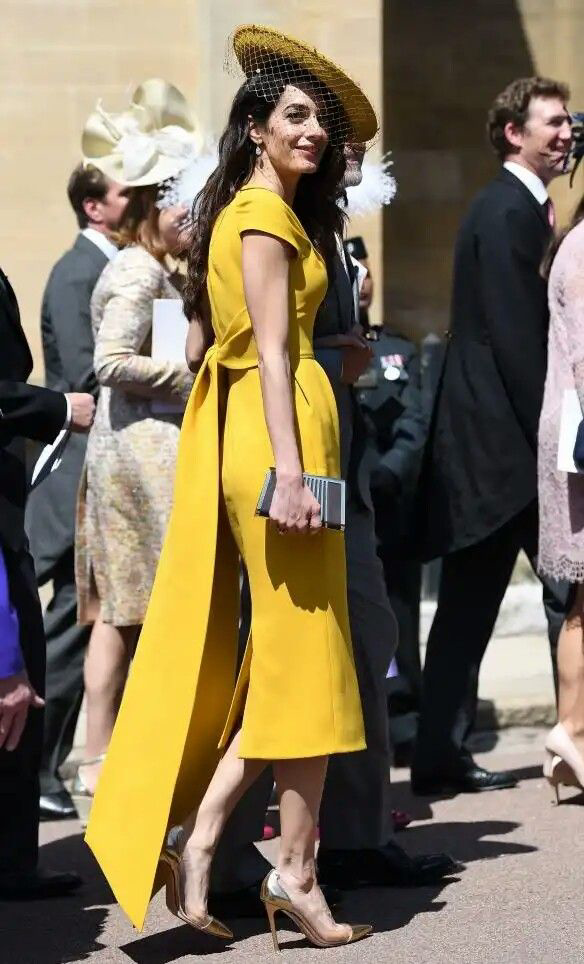 Amal Clooney yellow  tie-back crepe dress on Meghan Markle royal wedding custom made by Stella McCartney