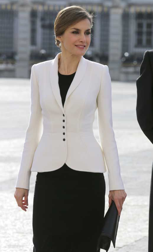 Queen Letizia of Spain in shawl collar white blazer