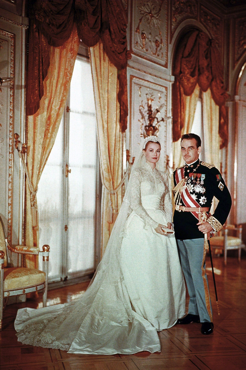 Grace Kelly with Prince Rainier II on their wedding day, 1956