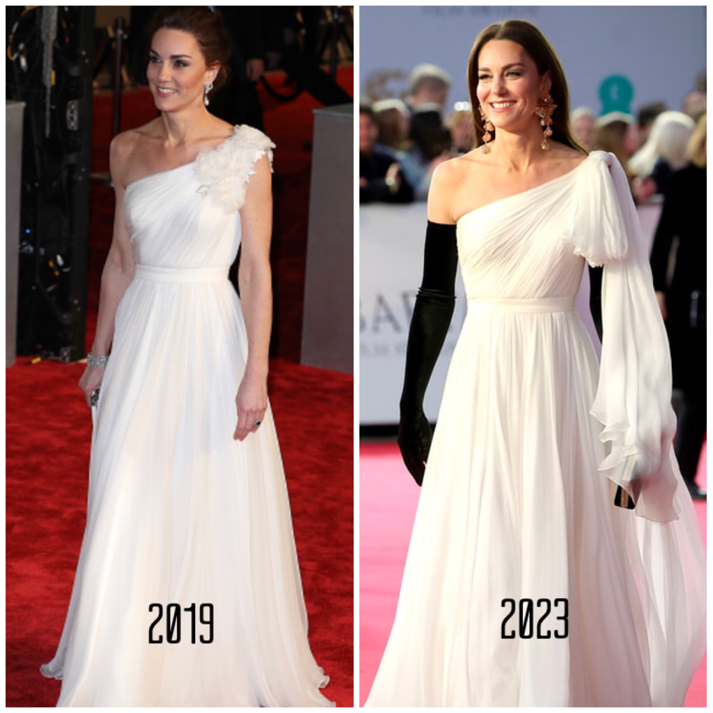 Kate Middleton in white Grecian style one-shoulder gown by Alexander McQueen on BAFTA awards ceremony, 19 feb 2023, Getty Images