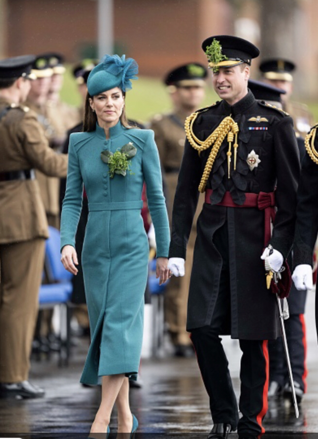 Kate Middleton in a custom made teal blue Catherine Walker coat dress for St. Patrick’s Day Parade, 17 March 2023. Getty Images