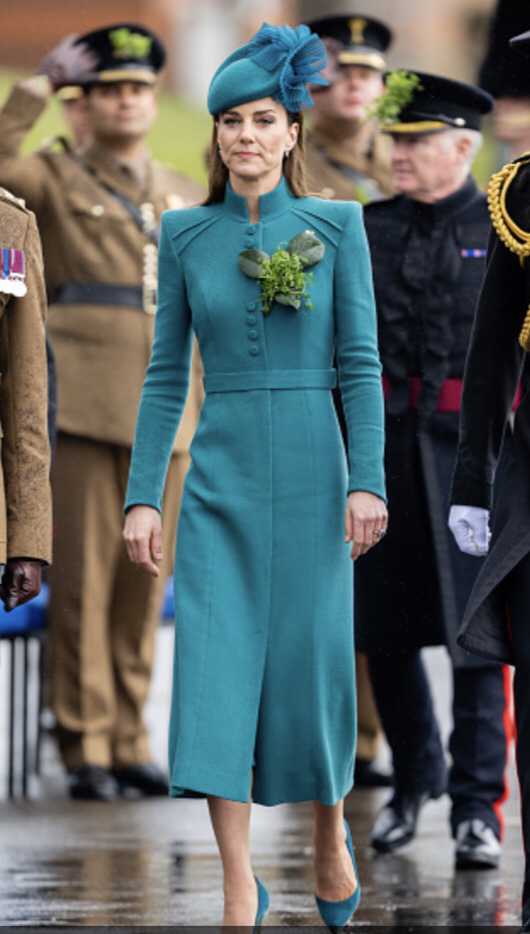 Kate Middleton in a custom made teal blue Catherine Walker coat dress for St. Patrick’s Day Parade, 17 March 2023. Getty Images
