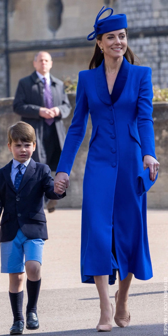 Kate Middleton in a bespoke cobalt blue Catherine Walker coat dress with velvet shawl collar for the Easter Sunday Service. 9 April 2023. Photo: Kensington Palace