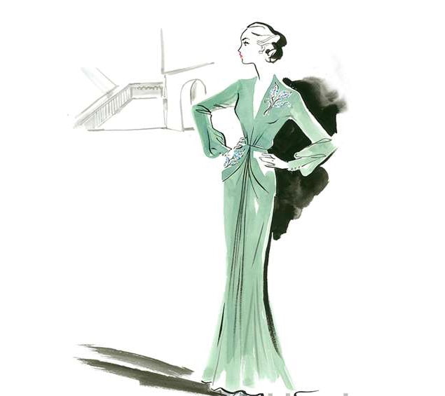 Marion Cotillard’s sea foam green silk satin gown, in film Allied(2016). Illustration by Jacqueline Bissette.