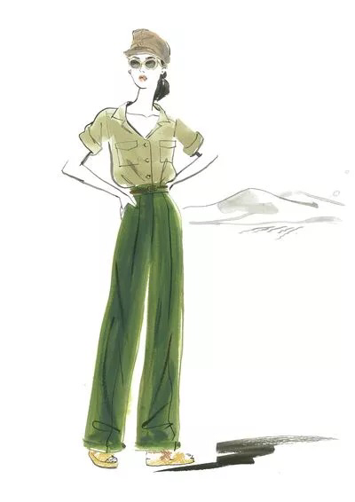 Marion Cotillard's Olive Green military shirt and matching high waist pants in film Allied(2016). Illustration by Jacqueline Bissette.