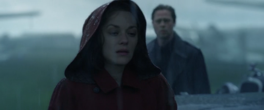 Marion Cotillard’s terraza-cotta red hooded double breast coat in film Allied(2016)