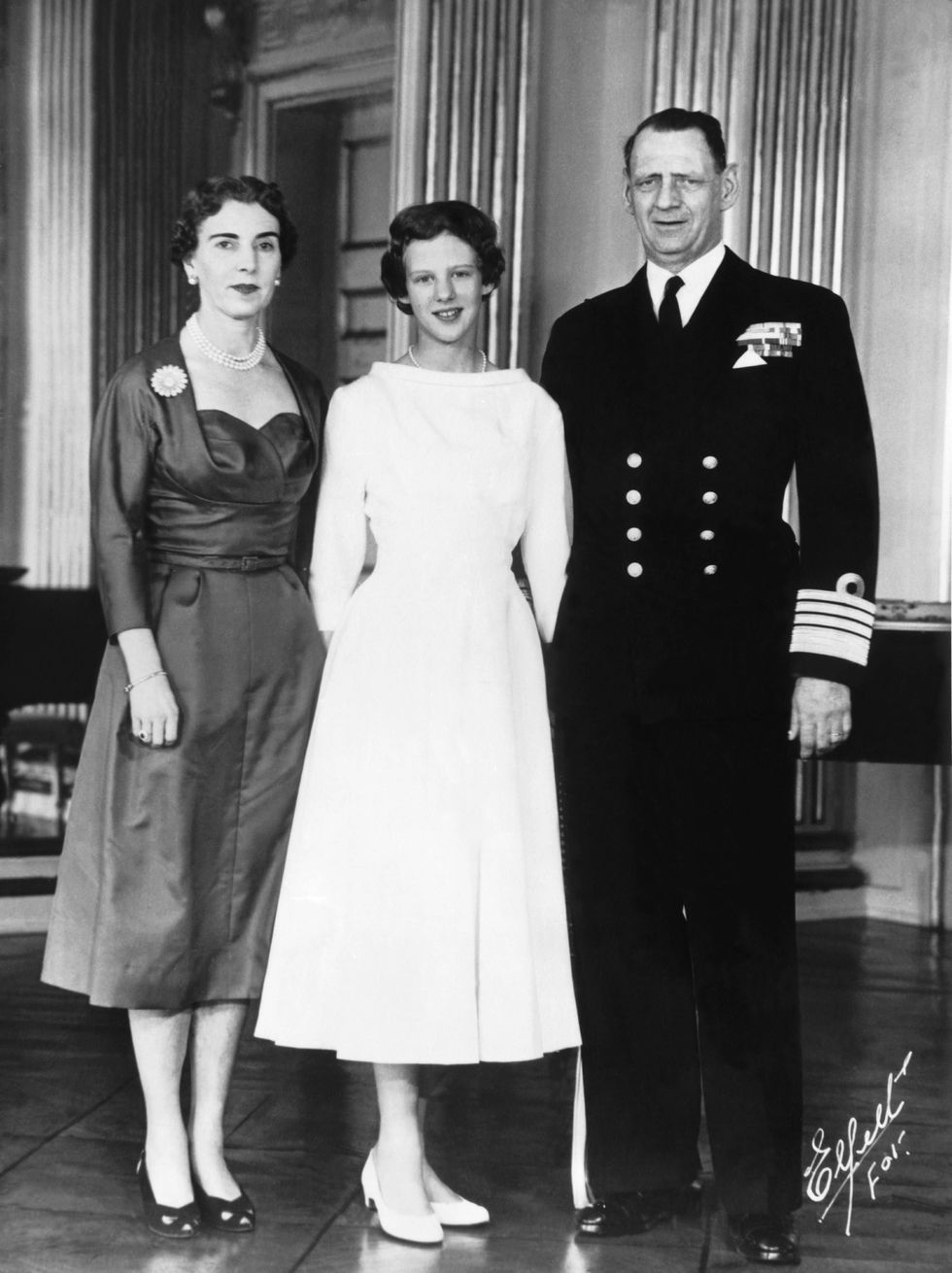 Princess Margrethe with her parents: King Frederik and Queen Ingrid, 1955. Getty Images