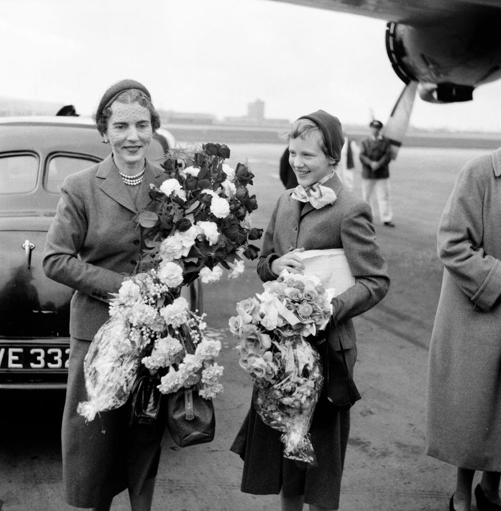 Princess Margrethe accompanied her mother Queen Ingrid on a royal engagement. 1954. Getty Images