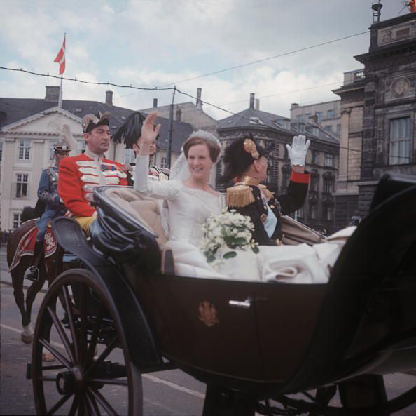 Princess Margrethe on her wedding day in a carriage with her father King Frederik IX. 1967. Getty Images