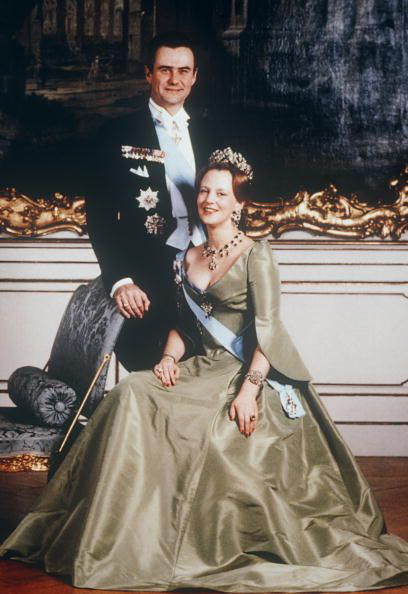 A formal portrait of Queen Margrethe with her husband Prince Henrik on her 40th birthday. 1980. Getty Images