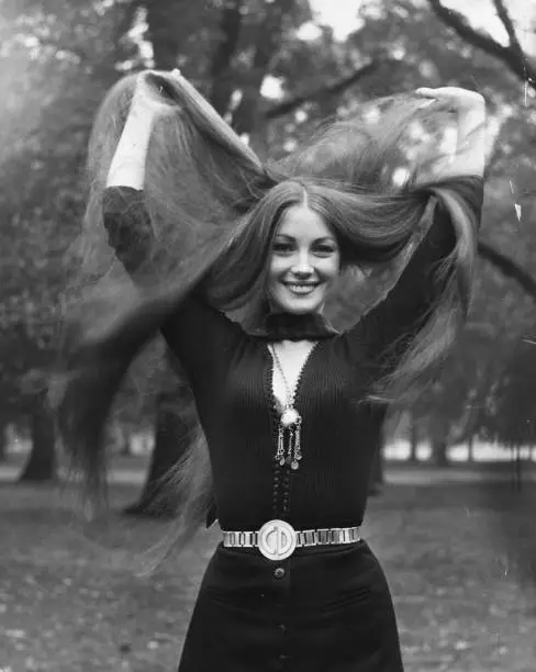 English actress Jane Seymour photographed between takes on the set of the 007 movie Live & Let Die in 1972, by photographer Paul Berriff. 
