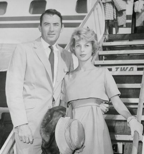 Véronique Passani with her husband Gregory Peck,Chicago Airport, 1958