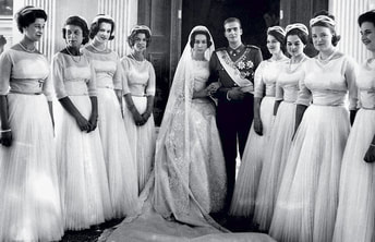 Princes Sofia of Greece on her wedding to Prince Juan Carlos of Spain, wedding gown designed by Jean Dessès, 1962
