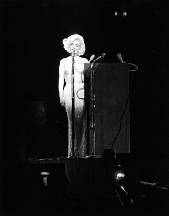 Marilyn Monroe in the llusion gown designed by Jean Louis, 1962, singing 
