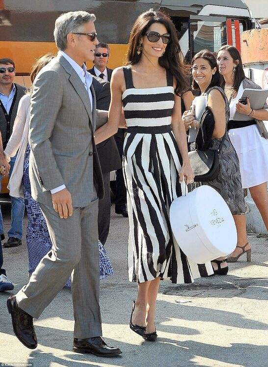 Amal Clooney black and white stripe dress by Dolce&Gabbana