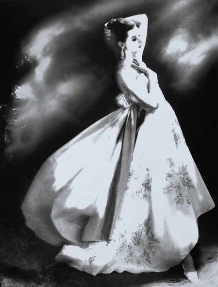 Barbara Mullen in silk organdie evening dress, photo by Lillian Bassman, 1956