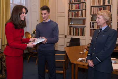PictureKate Middleton Luisa Spagnoli red suit 16 December 2015 Christmas lunch at Buckingham Palace.