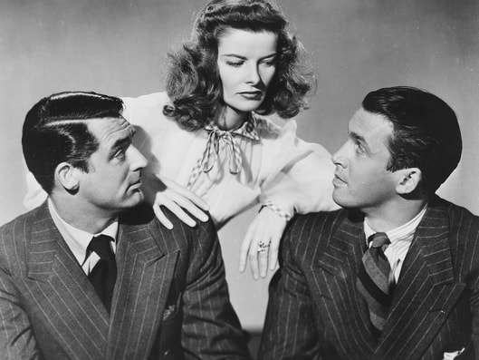 Katharine Hepburn with James Stewart and Cary Grant in film The Philadelphia Story
