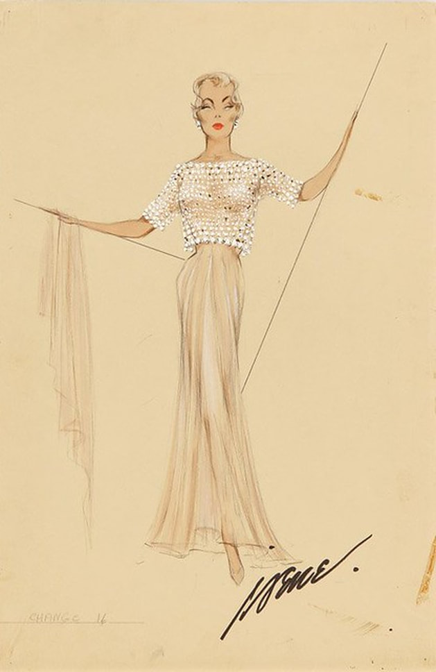 Marlene Dietrich in costume designed and sketched by Irene