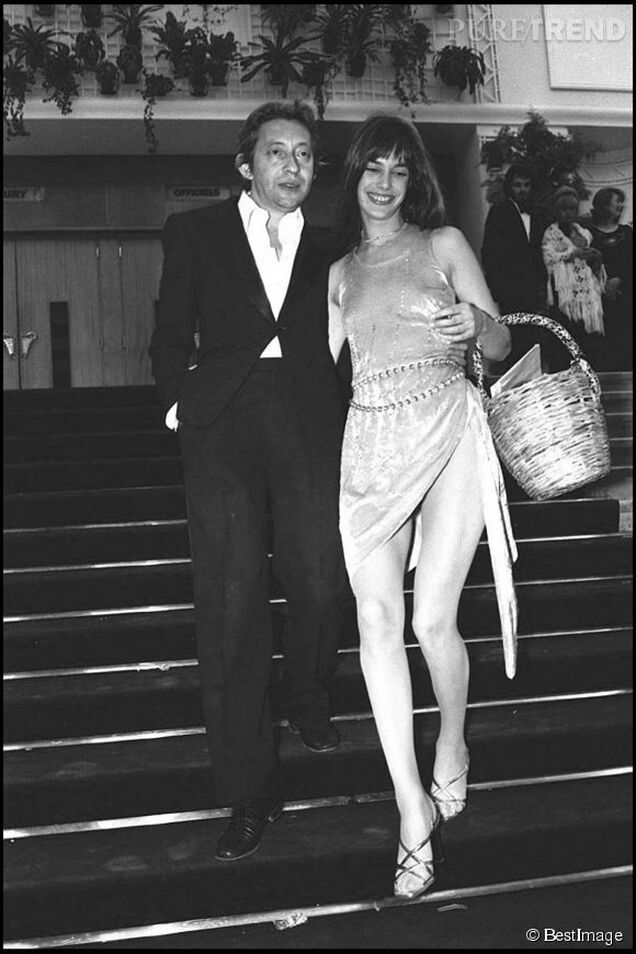 Jane Birkin carrying a straw basket, with Serge Gainsbourg