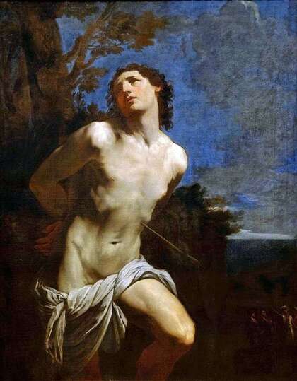 Saint Sebastian by Guido Reni, 1625, Museo del Prado.  Sebastian was a Roman soldier who suffered martyrdom for his Christian faith during the reign of Diocletian and Maximian at the end of the third century. He was made a patron saint of the city of Rome and his cult became popular throughout Europe as he was invoked in times of plague. Sebastian is usually shown bound to a tree and shot with arrows in what turned out to be a first failed attempt at killing him. This is how Guido Reni shows him in this, one of his most famous compositions, of which several versions are known.