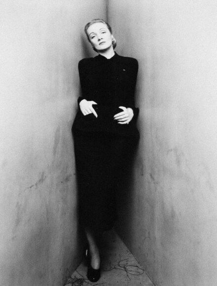 Marlene Dietrich with hands in pockets, photo by Irving Penn
