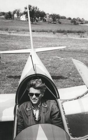 Gleb Derujinsky in his glider after a flight, mid to late 1950s