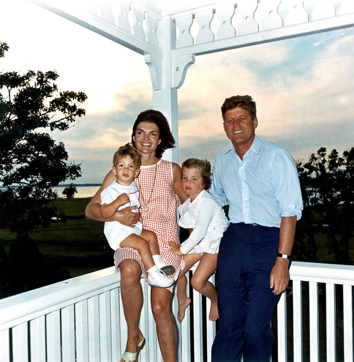 Jacqueline and her husband John Fitzgerald Kennedy, with their children John Kennedy, Jr and Caroline Bouvier Kennedy, 4 August 1962