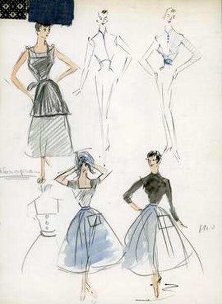 Sketches for skirt, blouse, and apron by Edith Head for Audrey Hepburn in Sabrina.