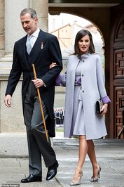 Queen Letizia of Spain in a lilac A-line dress and coordinating coat with her husband King Felipe VI for Miguel de Cervantes 2018 awards in Alcala de Henares, Spain