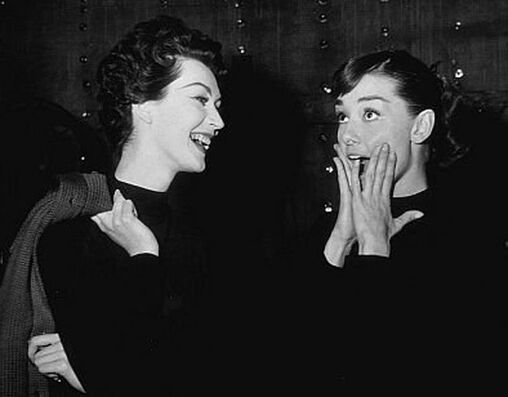 Dovima with Audrey Hepburn on the set of film Funny Face(1957) starring Audrey Hepburn and Fred Astaire
