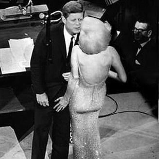 Marilyn Monroe in the llusion gown designed by Jean Louis, with American President John F. Kennedy, 1962