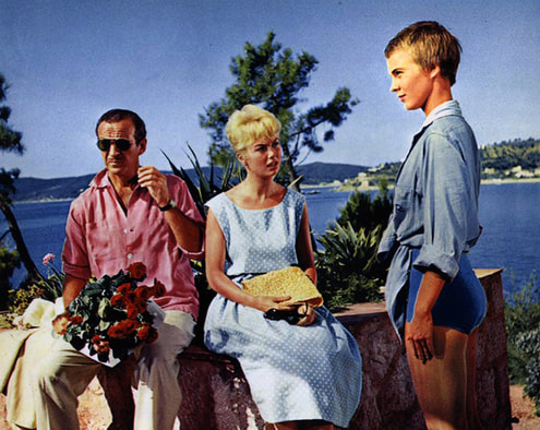 David Niven with Mylène Demongeot and Jean Seberg in film Bonjour tristesse, 1958