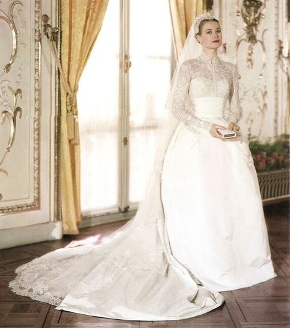 Grace Kelly on her wedding day, wearing bridal gown designed by Helen Rose, April 19, 1956