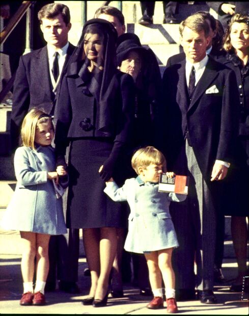 Jacqueline Kennedy on the day of her husband John Fitzgerald Kennedy's funeral, Kennedy, with her children John Kennedy, Jr and Caroline Bouvier Kennedy, 25 November 1963