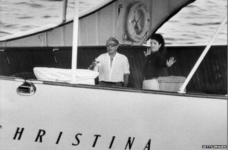 Jacqueline Kennedy Onassis and her second husband Aristotle Onassis on his yacht Christina
