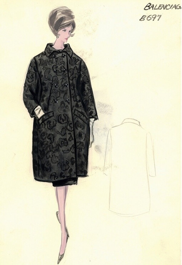 Sketch of coat designed by Cristobal Balenciaga, worn by Jackie Kennedy Onassis (28 July, 1929 – 19 May, 1994)