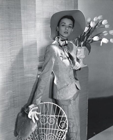 Dorian Leigh in Bernath suede suit, photo by Horst. P. Horst