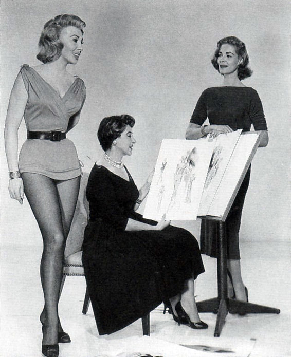 Helen Rose(sitting) with Lauren Bacall(right) and Dolores Gray, 1957