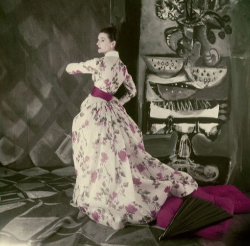 Anne Gunning in silk organdie evening dress by Jacques fath, Photo by Henry Clarke, 1954