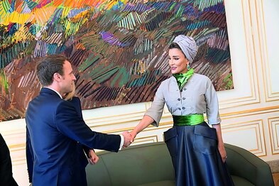 Chairperson of the Education Above All Foundation, H H Sheikha Moza bint Nasser, meeting with President of France, Emmanuel Macron, at the Élysée Palace, in Paris, France, 2018