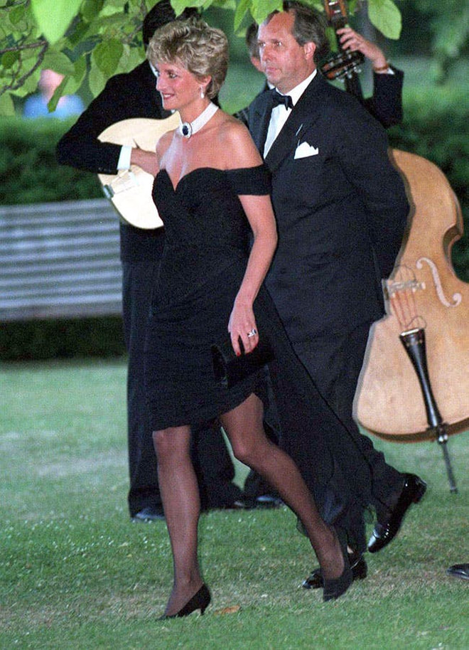 Princess Diana's revenge dress, the black silk off-the-shoulder dress designed by Christina Stambolian, 29 June 1994