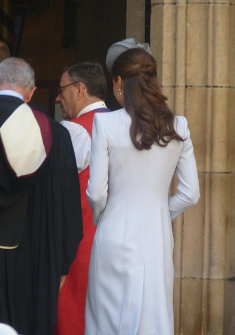 Kate Middleton dove grey coat/coatdress with funnel neck custom made/bespoke by Alexander McQueen, ​20 April 2014