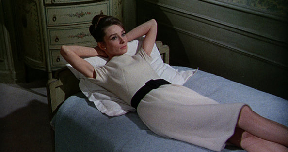 Audrey Hepburn movie costume Charade(1963) complete outfits as Reggie Lampert: the beige short sleeve dress