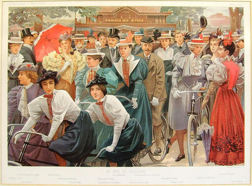 La Bella Otero appears with Liane de Pougy and Cléo de Merode in a fashionable crowd in the Bois de Boulogne drawn by Guth, 1897