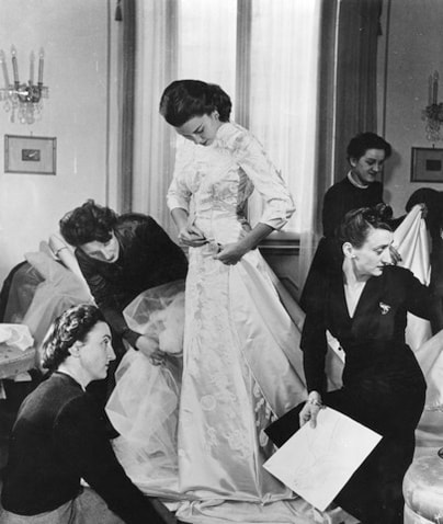 Linda Christian tried on her wedding wedding gown, by Sorella Fontana, before her wedding to Tyrone Power, Rome, Italy, 1949