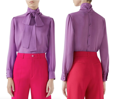 Kate Middleton Gucci purple/violet pussy-bow silk blouse with cloth buttons