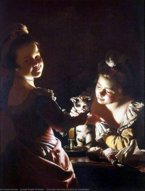 Painting Two girls dressing a little kitten by Joseph Wright of Derby, 1770