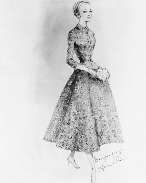 sketch of Grace Kelly's elegant pink lace wedding dress of civil ceremony on 18 April 1956